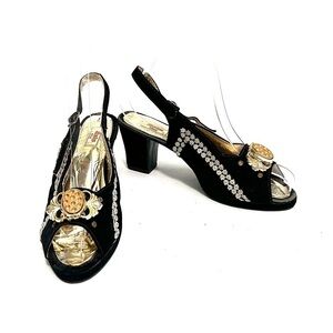 Vintage 1950s black velvet gold maximalist embellished open toe slingback heels